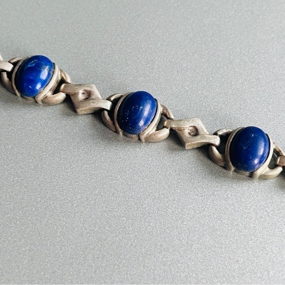 Vintage Art Deco Lapis Lazuli High Fashion Sterling Silver Bracelet - Picture 3 of 8